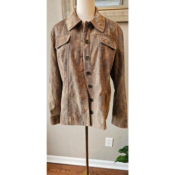 Chicos Sz 2 Snake Print Faux-Suede Button Front Jacket Women Size‎ L Lightweight - Picture 1 of 7